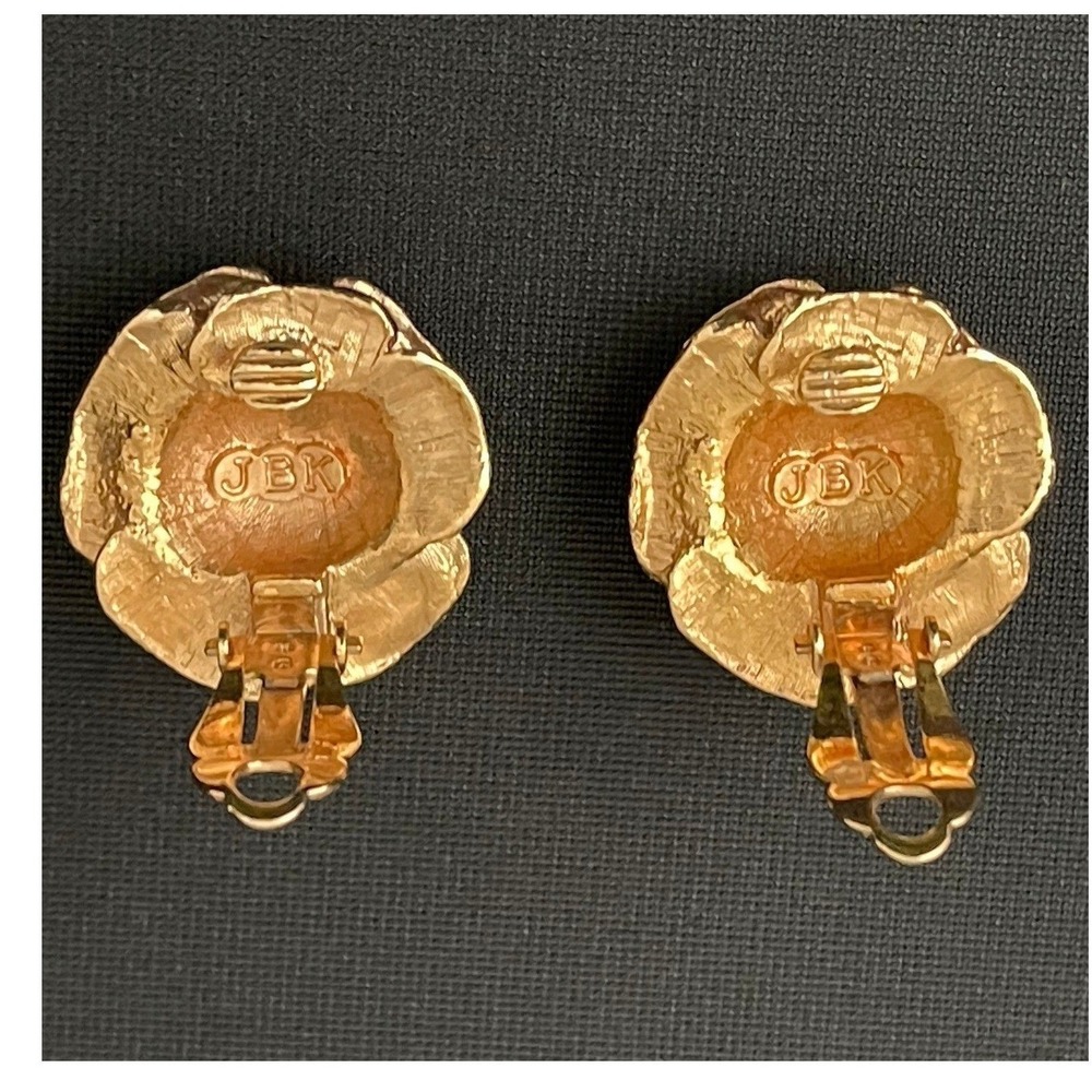 JBK Jacqueline Kennedy Gold Tone Rose Flower Clip On Earrings Signed Vintage - Picture 5 of 13